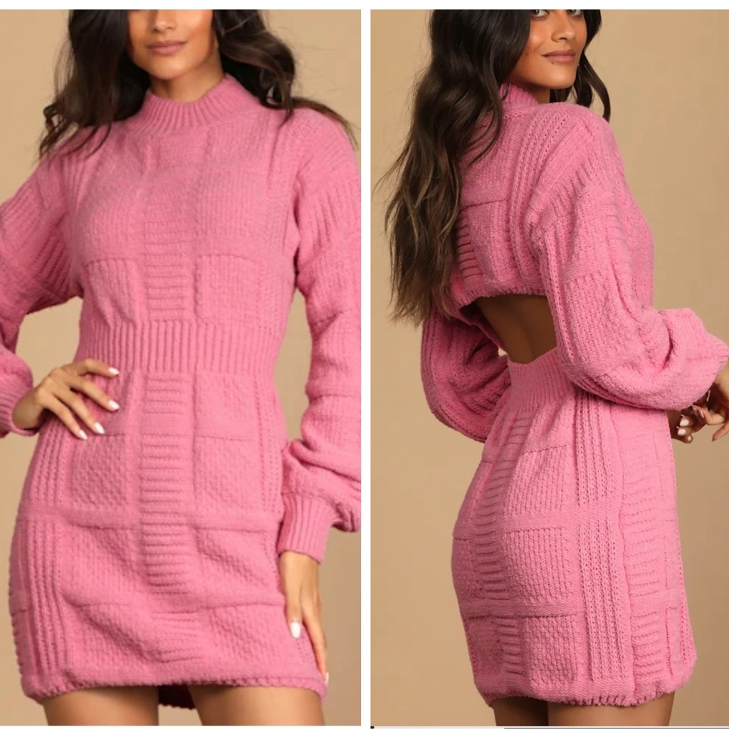 Lulus Patchwork It Rose Pink Chenille Chunky Cable Knit Cutout Sweater Dress M
